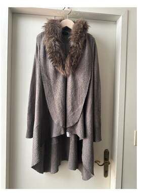 Love Token Real Fur Collar Cardigan Angora Wool Blend, Size M, Gray/Brown